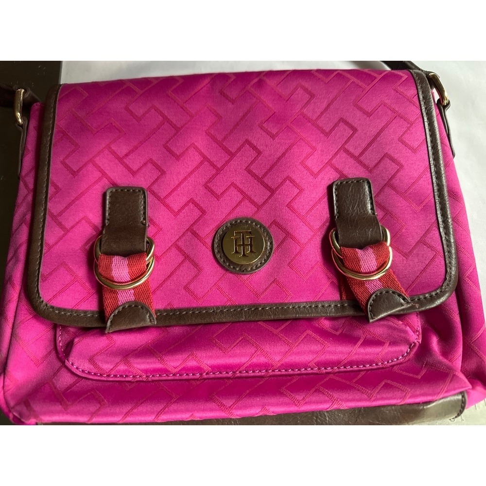 Tommy Hilfiger Pink Monogram Jacquard Nylon Crossbody Bag Brown Trim Gold Logo